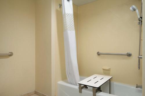 a bathroom with a shower and a toilet with a stool at Hampton Inn Lehighton - Jim Thorpe in Lehighton