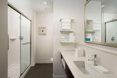 een witte badkamer met een wastafel en een douche bij Hampton Inn Louisville East Hurstbourne in Louisville