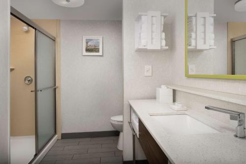 a bathroom with a toilet and a sink and a mirror at Hampton Inn Knoxville-East in Knoxville