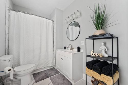 ピーターズバーグにあるWest High 3BR Private Backyard Petersburg Gemのトイレ、洗面台、鏡を備えたバスルーム