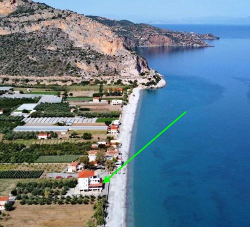 an aerial view of a beach next to the water at Thassa Beach Apartment No1 (with mountain view) in Leonidion