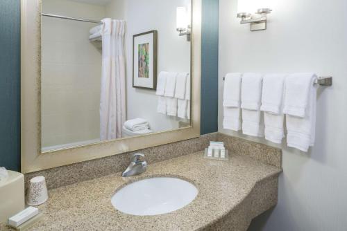a bathroom with a sink and a mirror and towels at Hilton Garden Inn Dothan in Dothan
