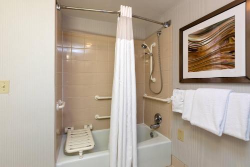 uma casa de banho com um chuveiro, uma banheira e um WC. em Courtyard by Marriott Dallas-Fort Worth/Bedford em Bedford
