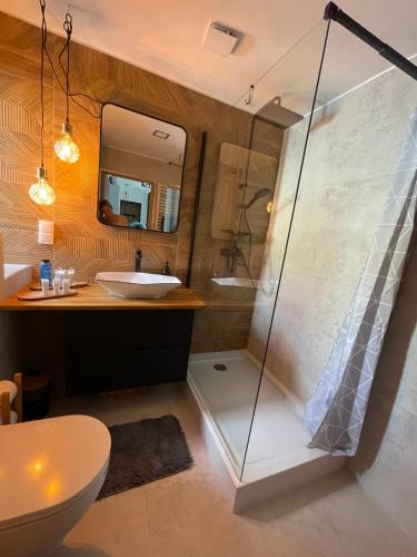 een badkamer met een douche en een wastafel bij Apartament w centrum przy Studni 2 in Chełm