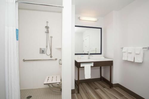 Hampton Inn & Suites Denver-Downtown في دنفر: حمام مع حوض ومرآة
