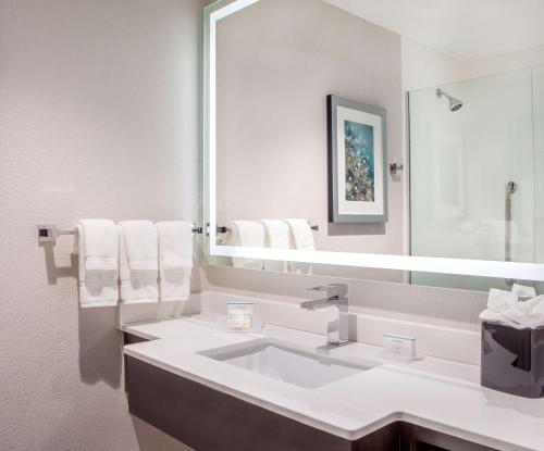 a white bathroom with a sink and a mirror at Hilton Garden Inn NYC Financial Center/Manhattan Downtown in New York