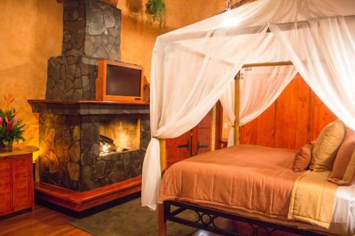a bedroom with a bed with a fireplace and a television at Peace Lodge in Vara Blanca