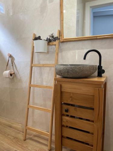 a bathroom with a sink and a ladder and a mirror at Villa Tité in Oviedo