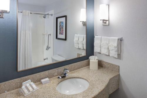 a bathroom with a sink and a toilet and a mirror at Hilton Garden Inn Hilton Head in Hilton Head Island