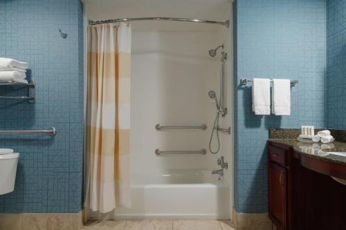 La salle de bains est pourvue d'une douche avec du carrelage bleu. dans l'établissement Homewood Suites by Hilton Knoxville West at Turkey Creek, à Knoxville