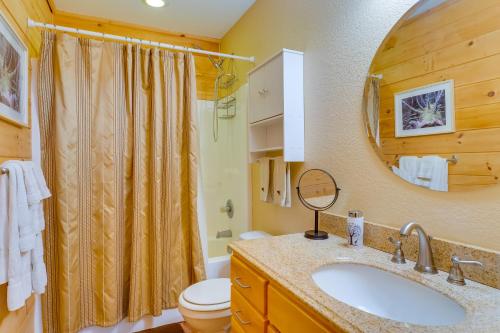 a bathroom with a sink and a toilet and a mirror at Quiet Murphy Hideaway with Decks and Outdoor Fireplace in Murphy