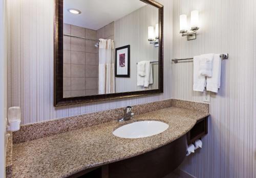 a bathroom with a sink and a mirror and towels at Hilton Garden Inn Corpus Christi in Corpus Christi