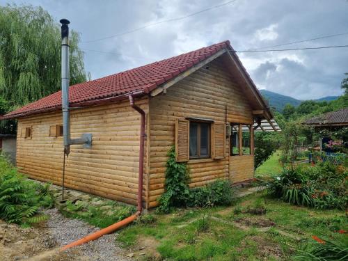 ein kleines Holzhaus mit rotem Dach in der Unterkunft Cabana rustica de vacanta in Braşov