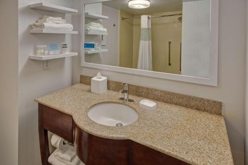 a bathroom with a sink and a mirror at Hampton Inn Dunn in Dunn