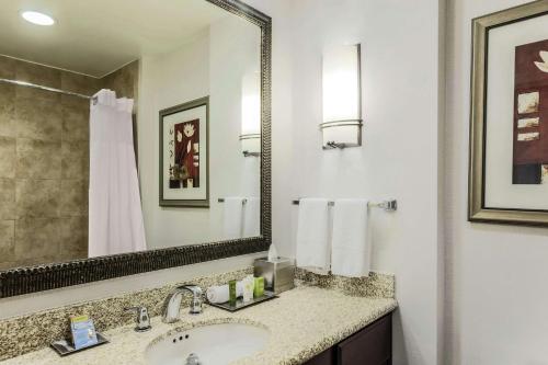 a bathroom with a sink and a large mirror at Hilton Phoenix Chandler in Chandler