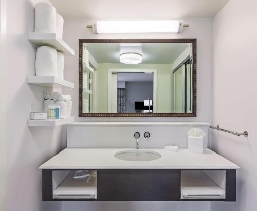 a bathroom with a sink and a mirror at Hampton Inn & Suites Houston I-10 West Park Row, Tx in Katy