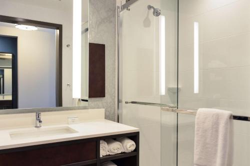 La salle de bains est pourvue d'un lavabo et d'une douche en verre. dans l'établissement Hilton Garden Inn Louisville Mall Of St. Matthews, à Louisville