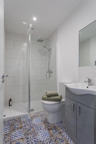 a bathroom with a toilet and a sink and a shower at Capital East Apartment in Belfast