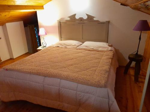 ein Schlafzimmer mit einem großen Bett in einem Zimmer in der Unterkunft Chambre privée dans une maison typique gasconne in Ornézan