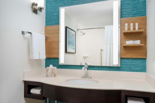 a bathroom with a sink and a mirror at Hilton Garden Inn Orlando at SeaWorld in Orlando