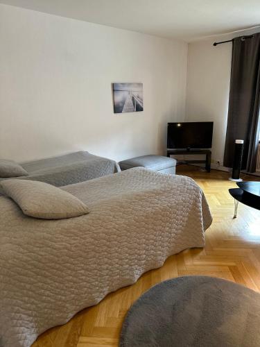 a bedroom with two beds and a flat screen tv at Pråmkanalens Pensionat i Karlstad in Karlstad