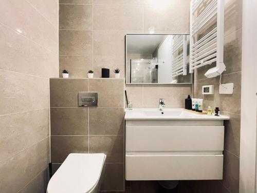 a bathroom with a sink and a toilet and a mirror at Savion View Apartment - Jerusalem City Center in Jerusalem