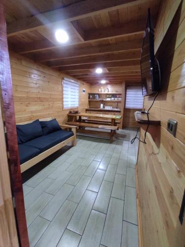 una habitación con sofá y TV en una cabaña en Cabaña Los Alerces, en Licán Ray