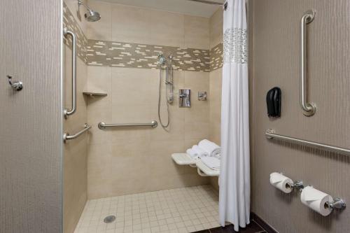 a bathroom with a shower with a toilet and a sink at Hampton Inn Times Square Central in New York