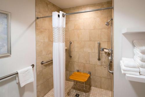 a bathroom with a shower with a glass door at Hampton Inn & Suites South Park at Phillips Place in Charlotte