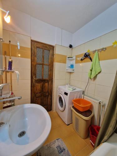 a bathroom with a sink and a washing machine at Sabina Apartment in Sighişoara