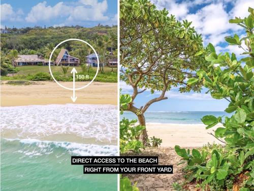 uma colagem de duas fotos de uma praia e uma árvore em Anahola Aloha Beach House home em Anahola