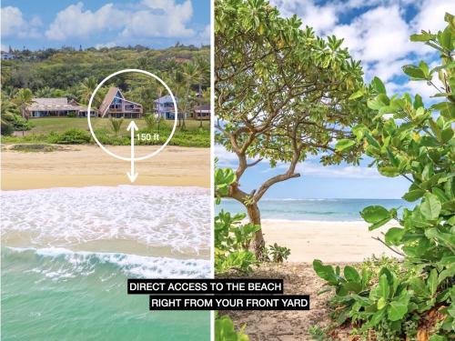 a collage of two pictures of a beach and a tree at Anahola Aloha Beach House home in Anahola