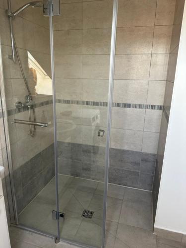 a shower with a glass door in a bathroom at Apartament Oksford 2 in Okszów