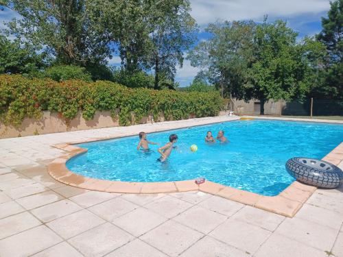 un groupe d'enfants jouant dans une piscine dans l'établissement Chambres d'Hôtes des trouilles, à Lafrançaise