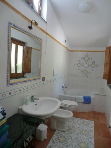 a bathroom with a sink and a toilet and a mirror at Agriturismo Mare e Monti in Tramonti