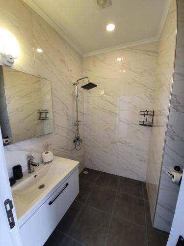 a bathroom with a sink and a shower and a mirror at Dreamy luxury duplex villa with a special view and 300 meters of private garden in Alanya
