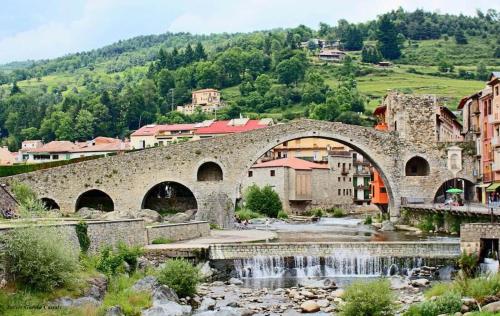 an old stone bridge over a river in a town at Muralla in Camprodon