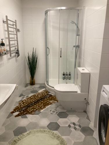 a bathroom with a shower and a toilet and a sink at Apartment Upeņu in Riga