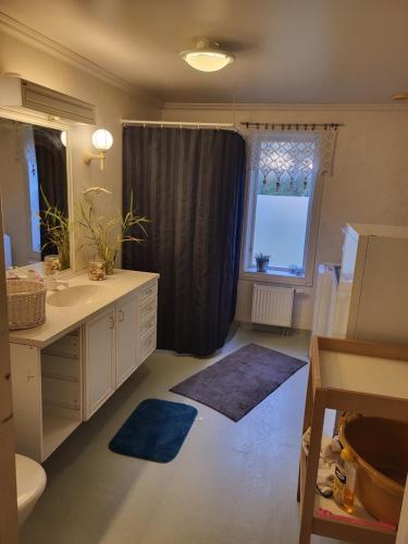 ein Badezimmer mit einem Waschbecken, einem WC und einem Spiegel in der Unterkunft Berggården Vandrarhem in Gnarp