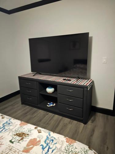 a black dresser in a room with a mirror at Beautiful Clearwater home! in Clearwater