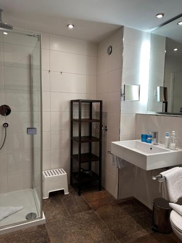 a bathroom with a sink and a shower at Appartementhaus Birkenwald in Seefeld in Tirol