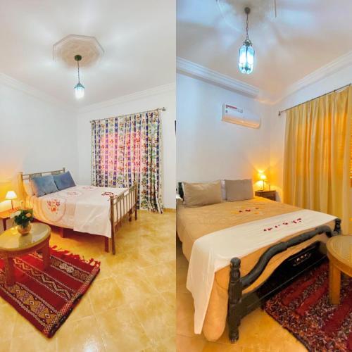 a bedroom with two beds and a living room at Dar Baddi in Marrakech