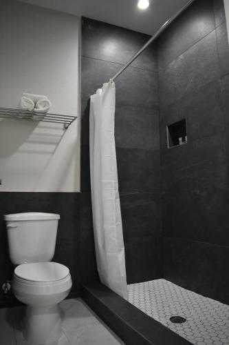 a bathroom with a toilet and a shower at Blue Star Inn in Houston