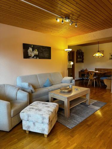a living room with a couch and a coffee table at Appartementhaus Birkenwald in Seefeld in Tirol