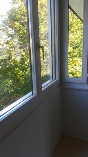 2 ventanas en una habitación con vistas a los árboles en Gästezimmer en Zúrich