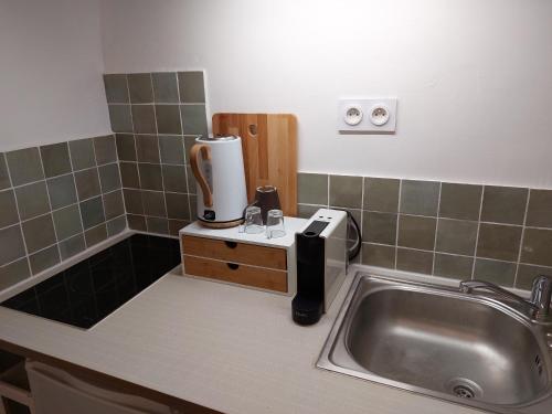 - un comptoir de cuisine avec évier et cafetière dans l'établissement Studio Notre Dame - Terrasse & Clim, à Marseille