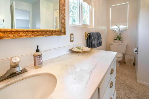 een badkamer met een wastafel, een spiegel en een toilet bij Highland Park House in Walla Walla