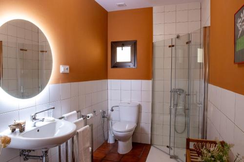 W łazience znajduje się toaleta, umywalka i prysznic. w obiekcie Apartamento rural Sé de un lugar w mieście El Torno