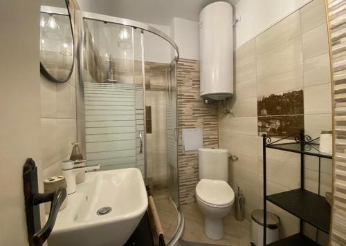 y baño con lavabo, aseo y ducha. en Апартамент Панорама Трявна - кът за отдих, въздухолечение и почивка, en Tryavna