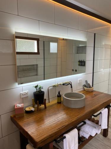 La salle de bains est pourvue d'un lavabo et d'un grand miroir. dans l'établissement Duart Stables, à Maffra